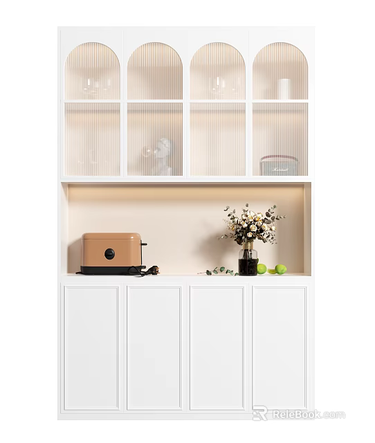 White Sideboard With Toaster Vase Flowers And Green Fruits Glass Door Shelves Above 3d model 