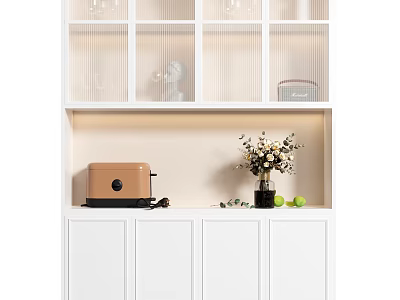 White Sideboard With Toaster Vase Flowers And Green Fruits Glass Door Shelves Above 3d model