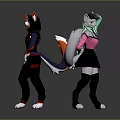 Two Anime Anthropomorphic Characters In Stylish Outfits With Tails And Colorful Hair