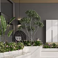 Modern Garden Terrace With Wooden Ceiling Glass Walls Green Plants Outdoor Furniture And Fire Pit