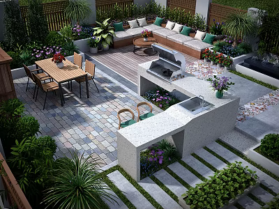 Beautiful Outdoor Garden Landscape With Wooden Bench Dining Table Grill Counter And Green Plants 3d model