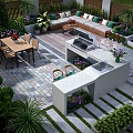 Beautiful Outdoor Garden Landscape With Wooden Bench Dining Table Grill Counter And Green Plants