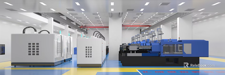 Industrial Factory Workshop Interior With Modern Machinery Blue Yellow Flooring And White Columns 3d model 