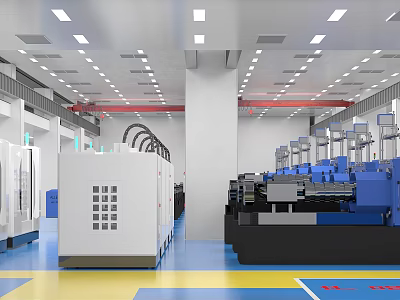 Industrial Factory Workshop Interior With Modern Machinery Blue Yellow Flooring And White Columns 3d model