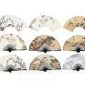 Traditional Chinese Fans Wall Decor with Various Patterns Arranged on White Wall