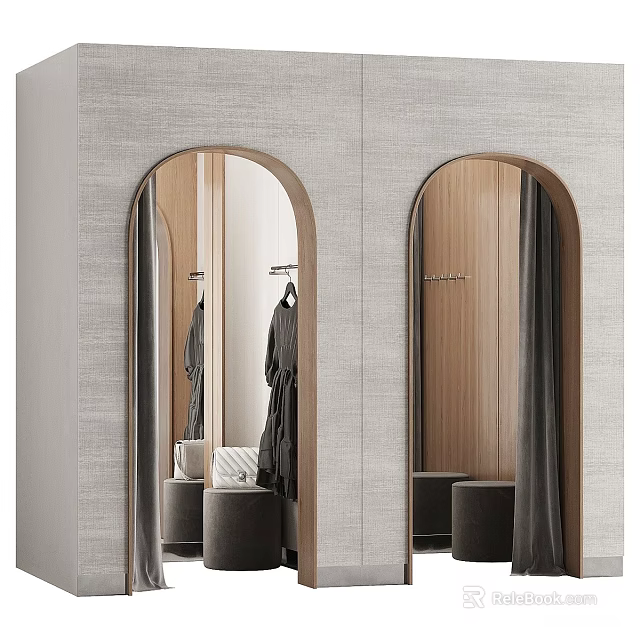 Elegant Modern Walk In Closet Interior With Arched Mirrors Wooden Wardrobes And Black Stools 3d model 