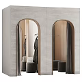 Elegant Modern Walk In Closet Interior With Arched Mirrors Wooden Wardrobes And Black Stools