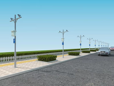 Outdoor Projection Monitoring System Installed On Street Light Poles Along Road With Green Belt 3d model