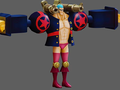 Cartoon Style Game Movie Character With Blue Coat Red Star Emblems And Arm Cannons 3d model