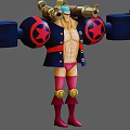 Cartoon Style Game Movie Character With Blue Coat Red Star Emblems And Arm Cannons