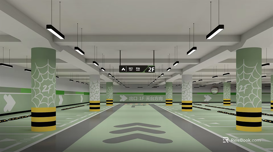 Spacious Underground Parking Garage With Green Pillars Yellow Black Stripes And Directional Arrows 3d model 