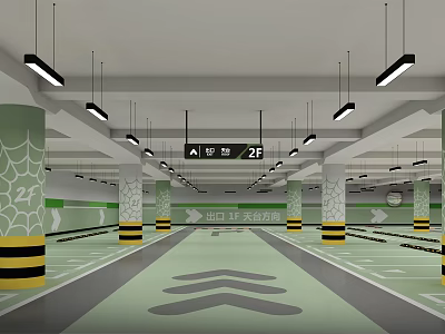 Spacious Underground Parking Garage With Green Pillars Yellow Black Stripes And Directional Arrows 3d model