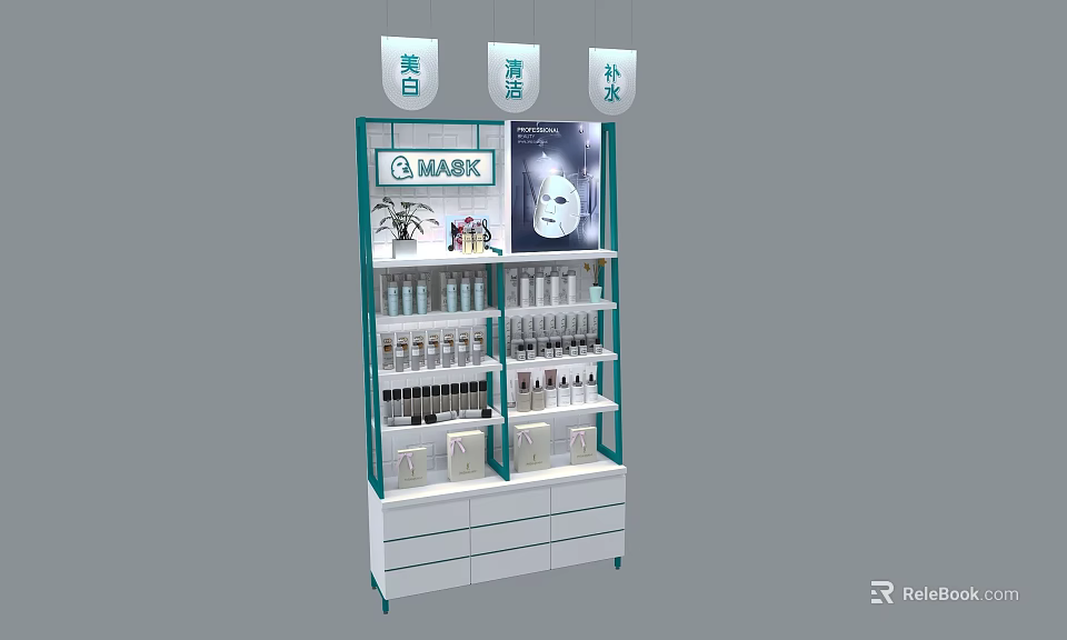 O.MARIK Cosmetic Display Shelf With Whitening Cleansing Moisturizing Products And Drawers 3d model 