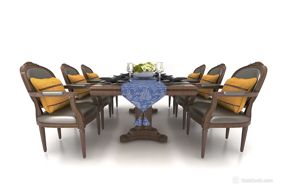 Dining Table Set with Wooden Chairs Yellow Cushions Blue Table Runner Vase Flowers and Dinnerware 3d model 
