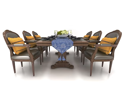 Dining Table Set with Wooden Chairs Yellow Cushions Blue Table Runner Vase Flowers and Dinnerware 3d model