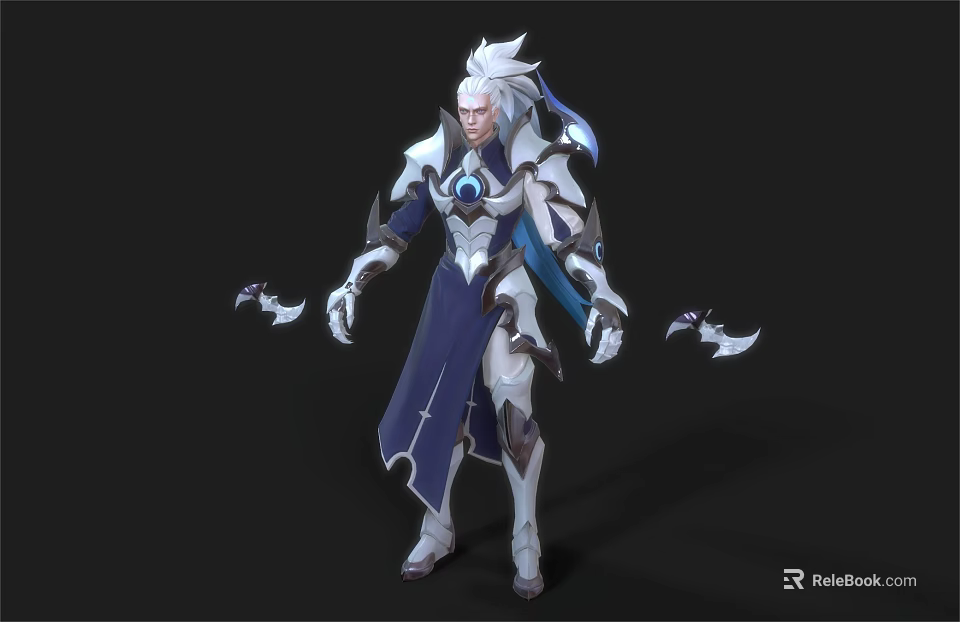 Elegant Male Fantasy Character with White Hair Blue White Armor and Floating Wings 3d model 