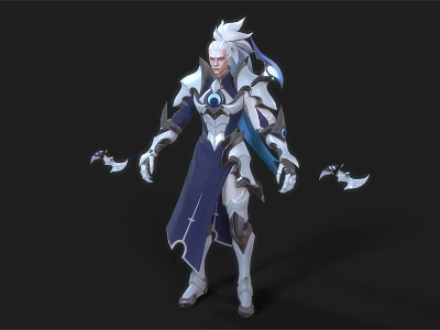 Elegant Male Fantasy Character with White Hair Blue White Armor and Floating Wings 3d model
