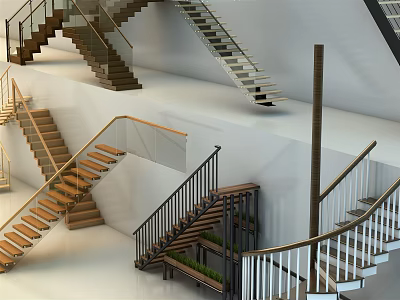 Various Modern Stairs Designs With Wooden Steps Glass Railings And Metal Balustrades 3d model