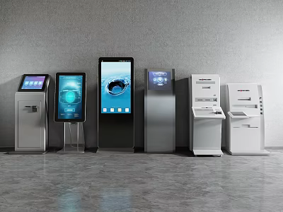 Public Self Service Kiosks with Touchscreen Displays and Printing Functions in Modern Public Facility Area 3d model