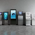 Public Self Service Kiosks with Touchscreen Displays and Printing Functions in Modern Public Facility Area