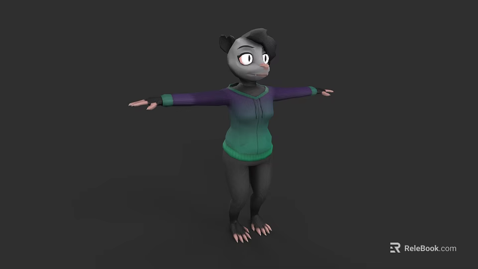 Cartoon Animal Character In Green Purple Gradient Hoodie With Arms Outstretched On Gray Background 3d model 