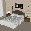 Double Bed with Brown Headboard White Bedspread Pillows Nightstands Table Lamp Flowers and Framed Artworks