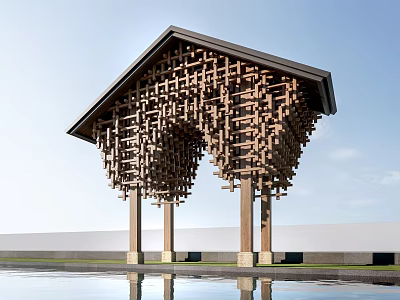 Pillar Supported Modern Architectural Facade With Wooden Interlaced Lattice Sloped Roof And Pool Reflection 3d model