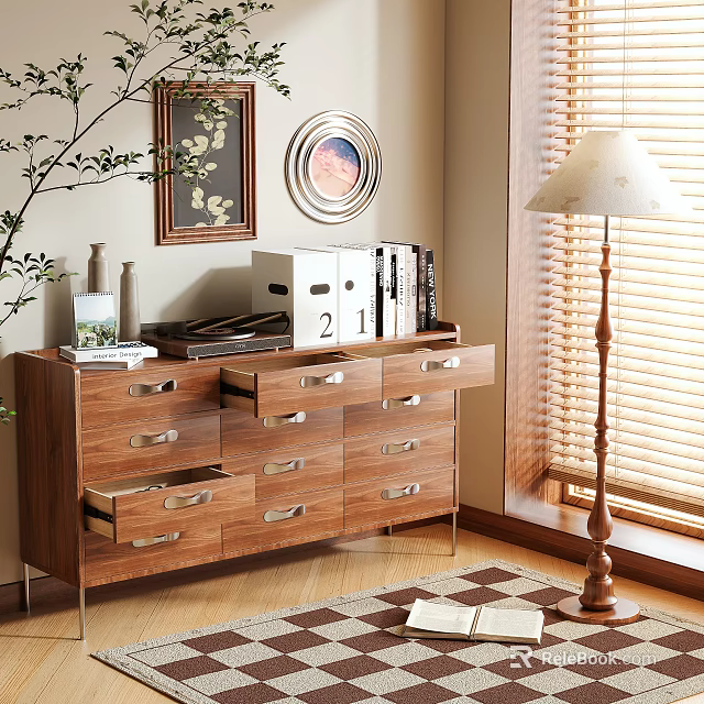 Modern Wooden Storage Cabinet With Multiple Drawers And Decorative Plants Near Floor Lamp 3d model 