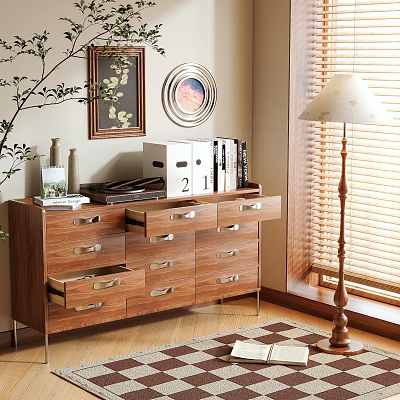 Modern Wooden Storage Cabinet With Multiple Drawers And Decorative Plants Near Floor Lamp 3d model