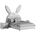Blue Kids Bed with Rabbit Ear Design Headboard Love Lettering Pillows Bear Cushion and Nightstand