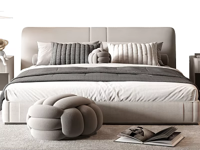 Modern Double Bed With Gray Headboard Gray White Pillows Round Ottoman And Open Book Beside 3d model