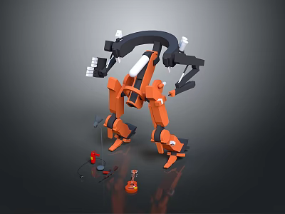 Orange Smart Machine With Mechanical Arms Multiple Joints And Functional Design Structure 3d model