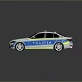 Modern White And Blue Police Sedan With Yellow Stripes And Roof Emergency Lights