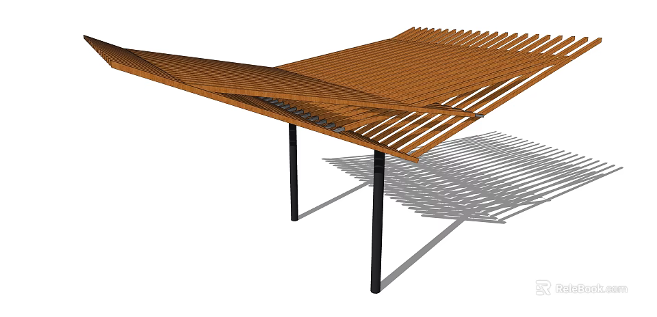 Modern Wooden Pergola with Interlaced Slats and Black Metal Posts for Outdoor Geometric Structure Design 3d model 