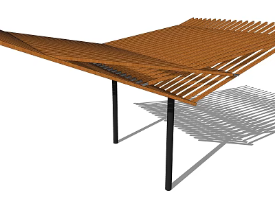 Modern Wooden Pergola with Interlaced Slats and Black Metal Posts for Outdoor Geometric Structure Design 3d model