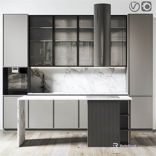 Modern Minimalist Kitchen Interior With Glass Door Cabinets And Marble Countertop 3d model 
