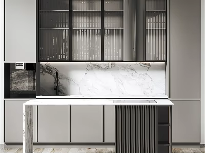 Modern Minimalist Kitchen Interior With Glass Door Cabinets And Marble Countertop 3d model