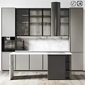 Modern Minimalist Kitchen Interior With Glass Door Cabinets And Marble Countertop