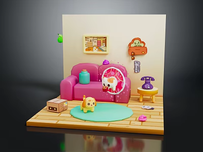 Cute Indoor Scene With Pink Sofa Green Rug Yellow Puppy Toy And Wall Decor 3d model
