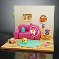 Cute Indoor Scene With Pink Sofa Green Rug Yellow Puppy Toy And Wall Decor