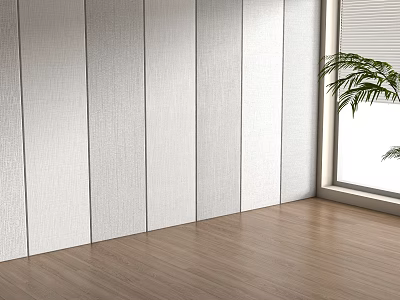 Textured Light Gray Wainscoting Interior With Wooden Floor Window Blinds And Green Plant 3d model