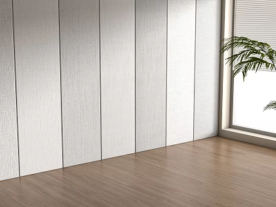 Textured Light Gray Wainscoting Interior With Wooden Floor Window Blinds And Green Plant 3d model