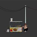 Street Food Stall Setup With Noodle Sign Cups Cooking Tools And Lamp Post Wires
