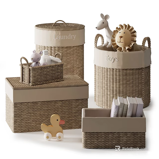 Woven Storage Baskets in Various Sizes with Labels for Toys and Books 3d model 