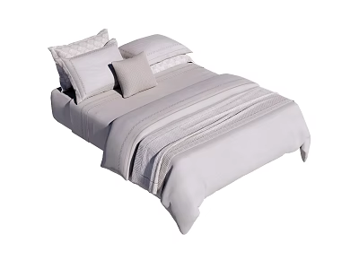 Light Gray Double Bed With Striped Bedspread And Soft Pillows 3d model