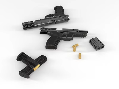 Black Tactical Pistol With Magazines Bullets And White Background 3d model Black Tactical Pistol With Magazines Bullets And White Background 3d model