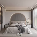 Modern Minimalist Bedroom Interior With Headboard Wardrobe Nightstand Rug And Window Curtains