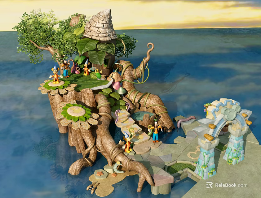 Cartoon Tree Stump Island Scene With Stone Hut Vines Characters Stone Bridge And Water 3d model 