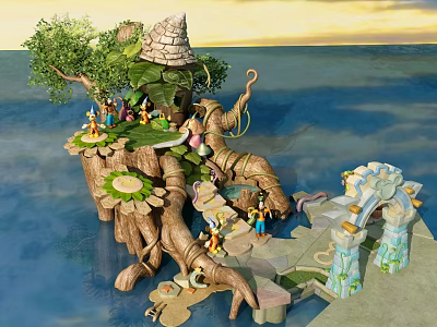 Cartoon Tree Stump Island Scene With Stone Hut Vines Characters Stone Bridge And Water 3d model
