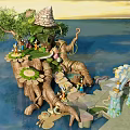 Cartoon Tree Stump Island Scene With Stone Hut Vines Characters Stone Bridge And Water